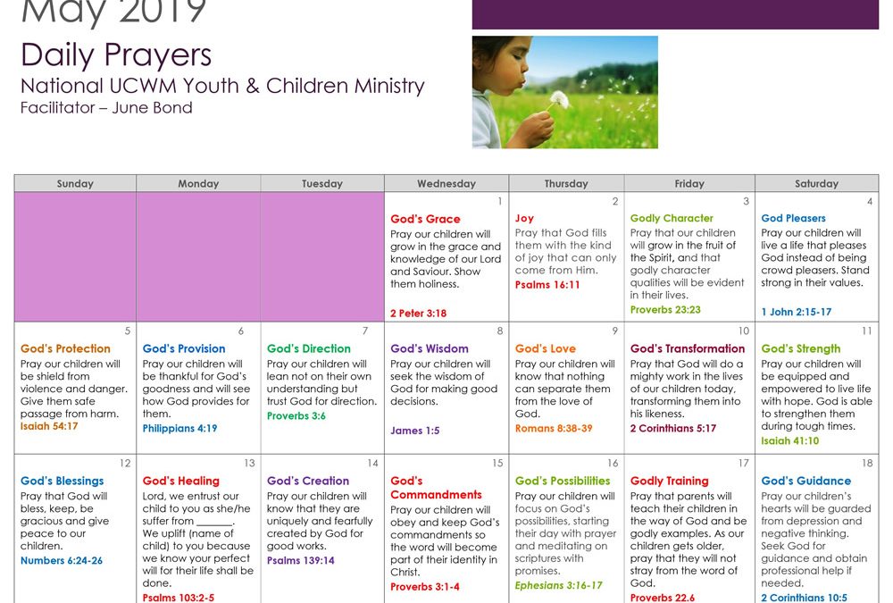 National UCWM Youth & Children Ministry – May 2019 Calendar